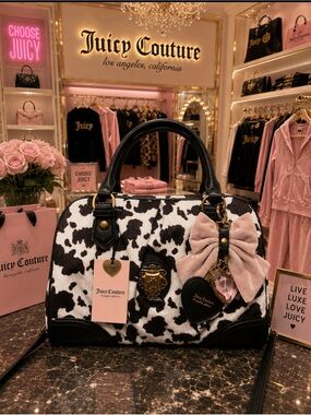 Juicy Couture Black & White w/ Dark Brown Cow Print Satchel with Pink Bow Charm